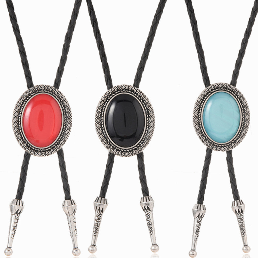 Wholesale Trendy Black Leather Bolo Tie Necklace Agate Gemstone Pendant Fashion Accessory