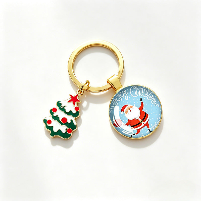 Wholesale Christmas Themed Metal Keychain Pendant With Epoxy Print Decorative Car Key Accessory Gift For Boutique Resale
