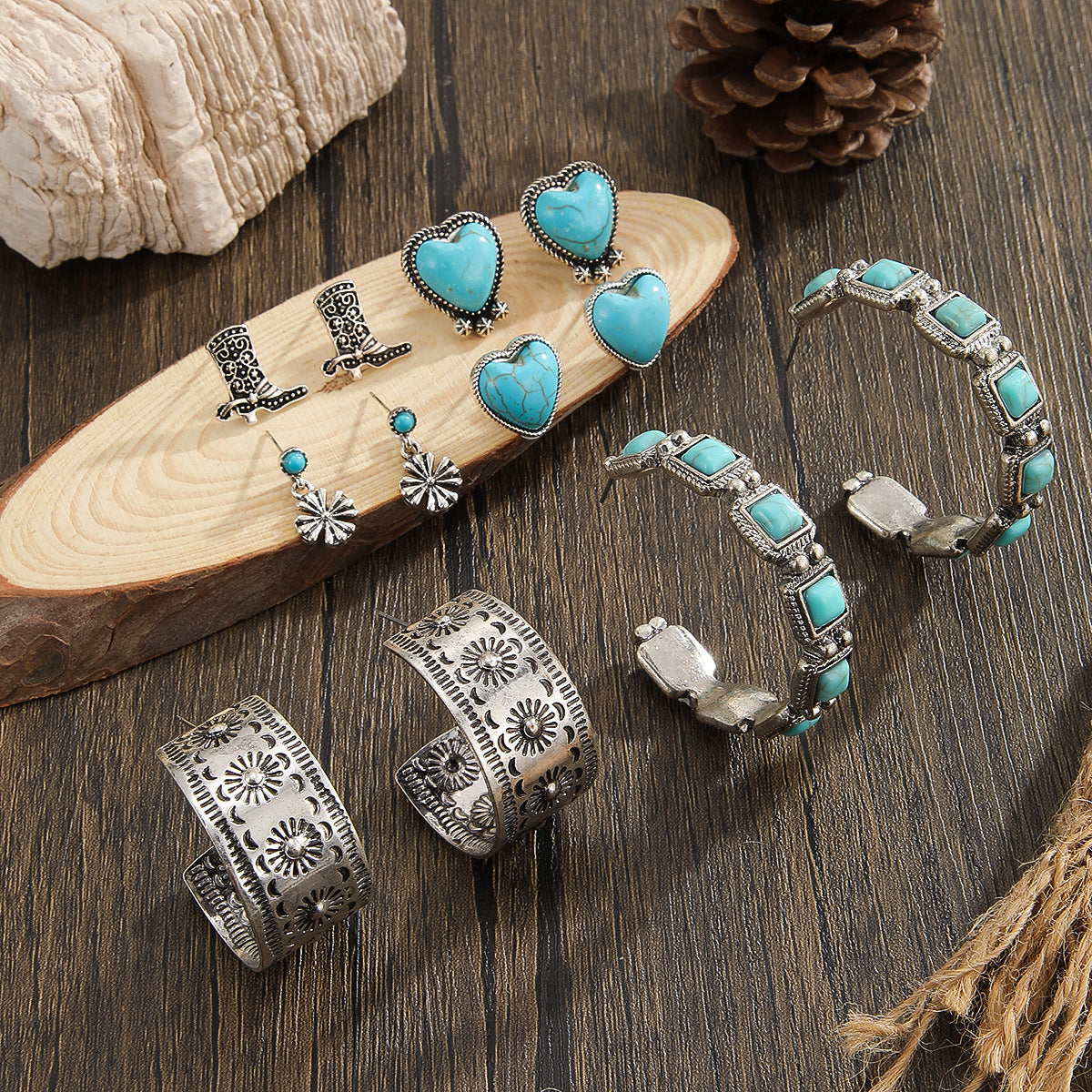 Wholesale Bohemian Turquoise Earrings Arrow Love Flower Ethnic Earrings suit
