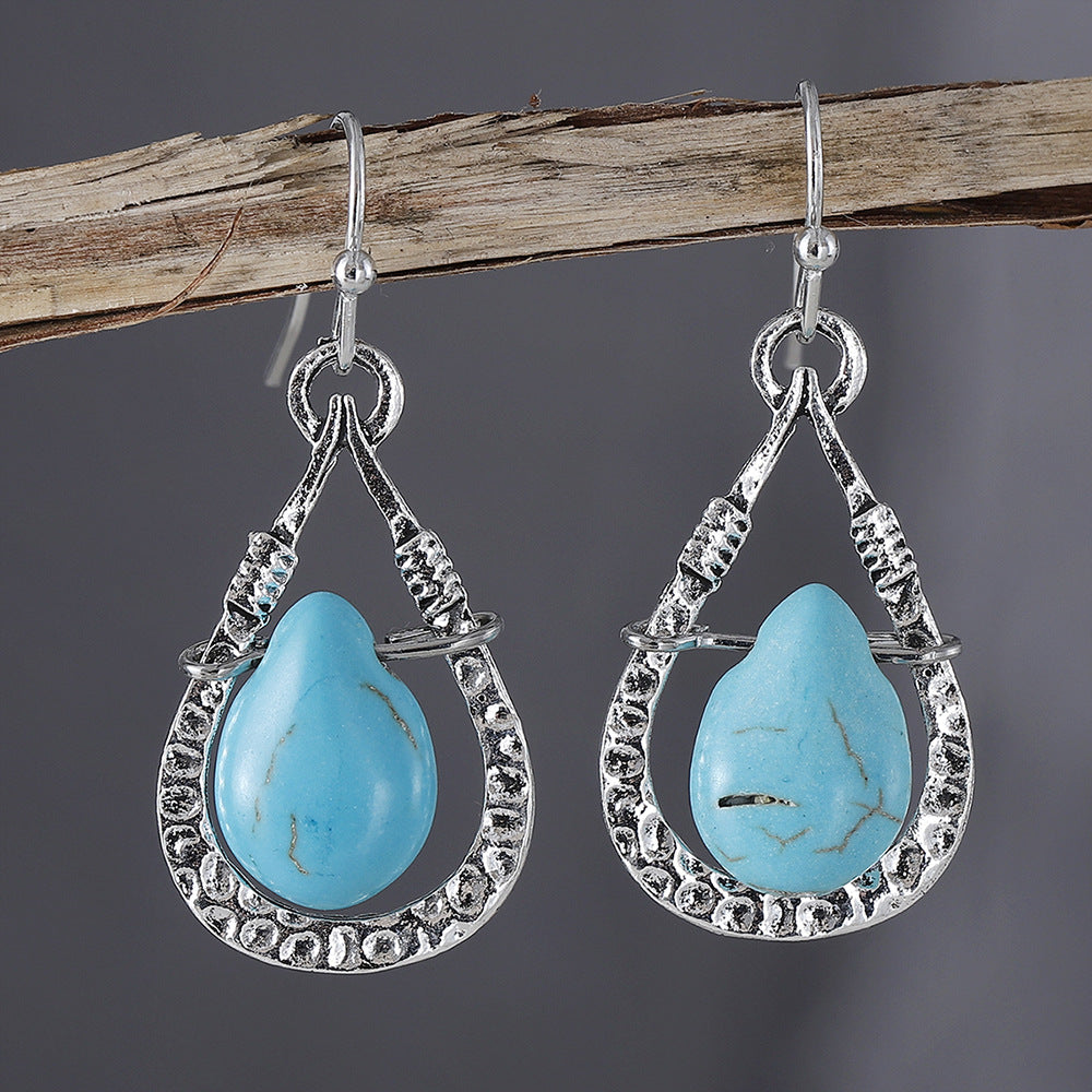 Wholesale Electroplated Zinc Alloy Hollow Turquoise Drop Earrings Bohemian Party Wear