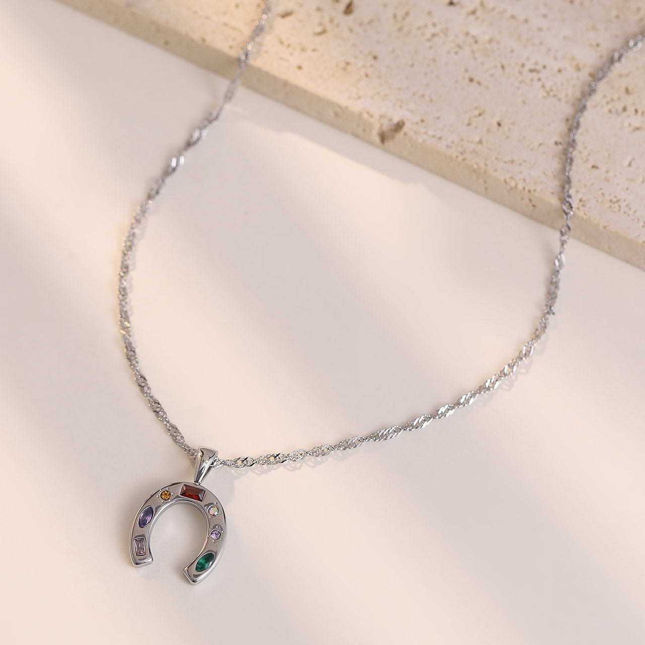 Wholesale Titanium Steel Horseshoe Necklace with Colorful Zirconia