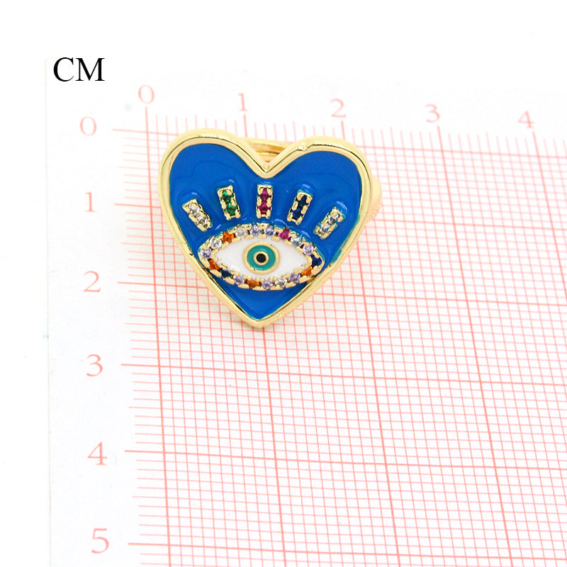 Wholesale Trendy Evil Eye Heart Rhinestone Open Ring Drip Oil Finish Party Jewelry Accessory