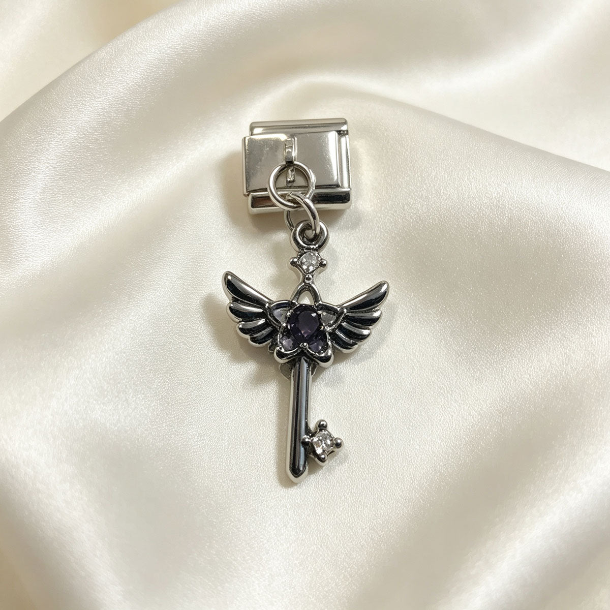 Wholesale DIY Rhinestone Wing Key Pendant Multicolor Square Bracelet Charm Accessory Stainless Steel Jewelry Making Craft Supply For Resale