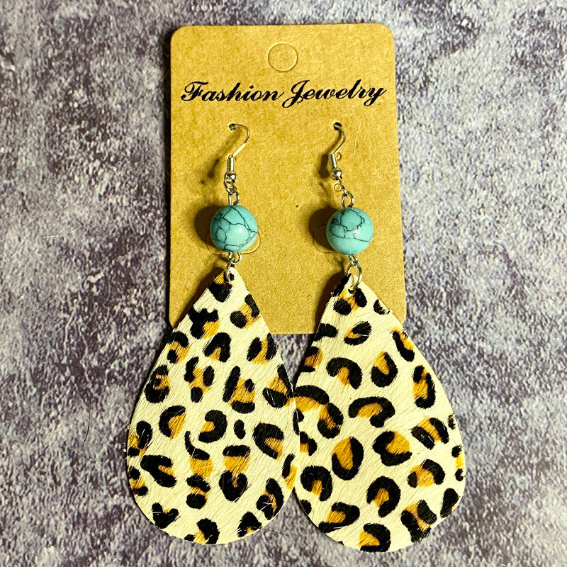 Wholesale Vintage Leather Earrings Western Style Long Teardrop Turquoise Stitching Earrings ACC-ES-XinChuan037