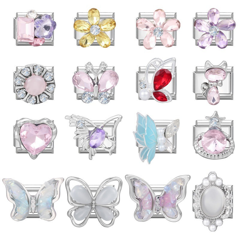 Wholesale DIY Italian Style Butterfly Flower Pearl Bracelet Set Stainless Steel Jewelry Accessory Gift Boutique