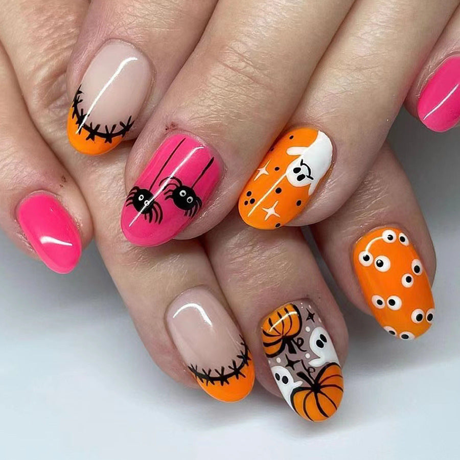 Wholesale 24 Pieces/box Halloween Pumpkin Orange Ghost Press-on Nails Kits Nail Stickers ACC-NS-GuaiXL078