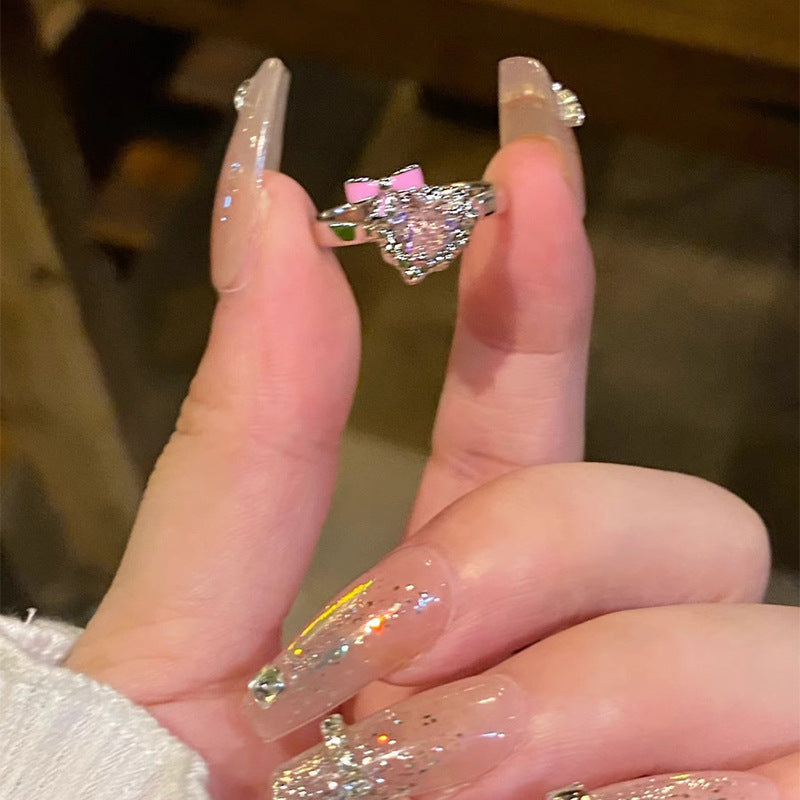 Wholesale Zinc Alloy Electroplated Adjustable Bowknot Heart Zircon Ring Women S Trendy Gift