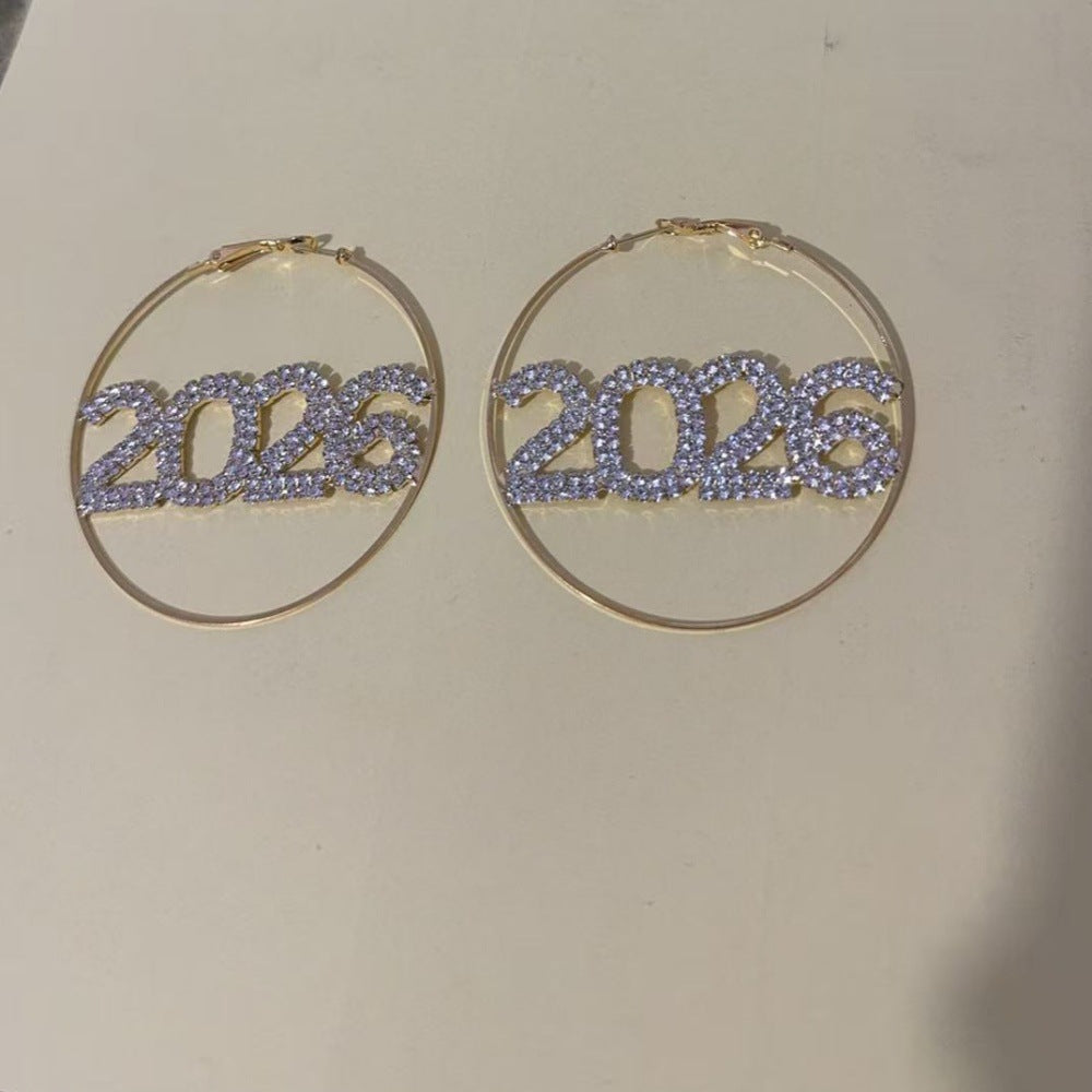 Wholesale Exaggerated Rhinestone 2026 Number Circle Earrings