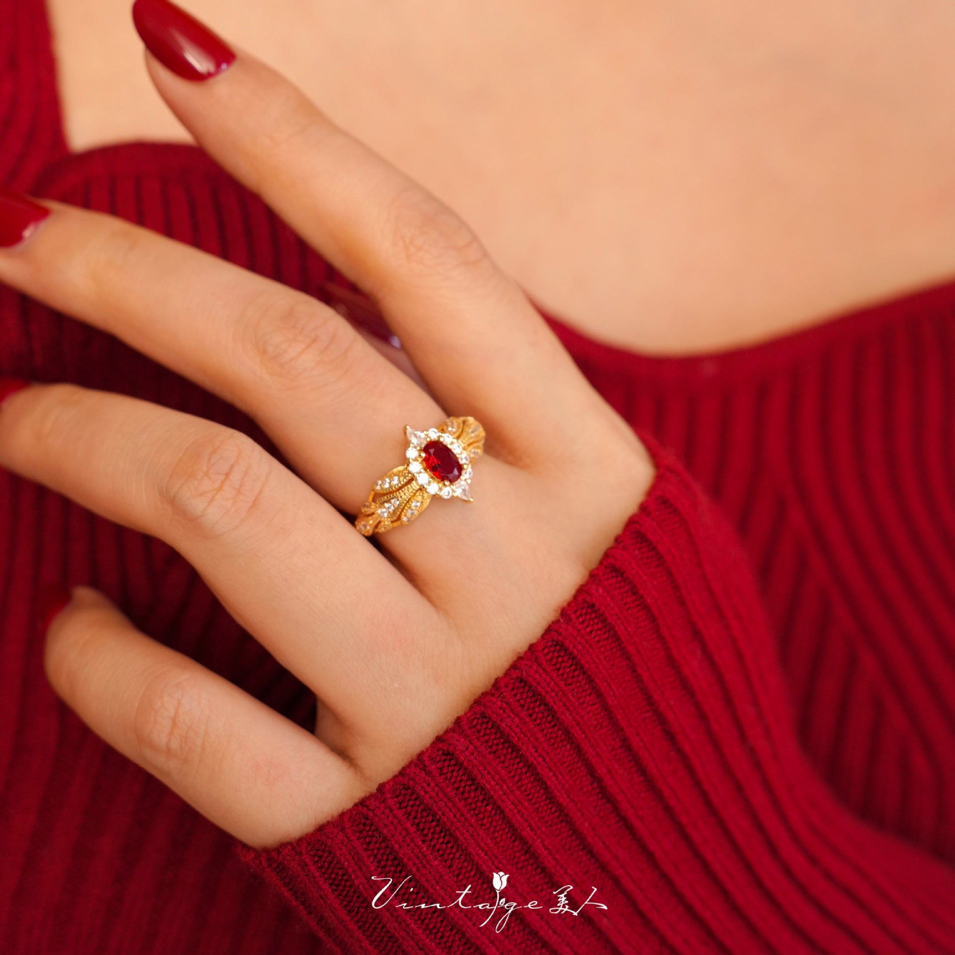 Wholesale Vintage French Court Style Red Ruby Open Ring,  Copper Electroplate,  Adjustable Open Ring for Everyday Fashion Accessory