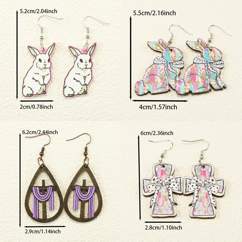 Wholesale Acrylic wooden Easter vintage bunny hollow cross bow earrings