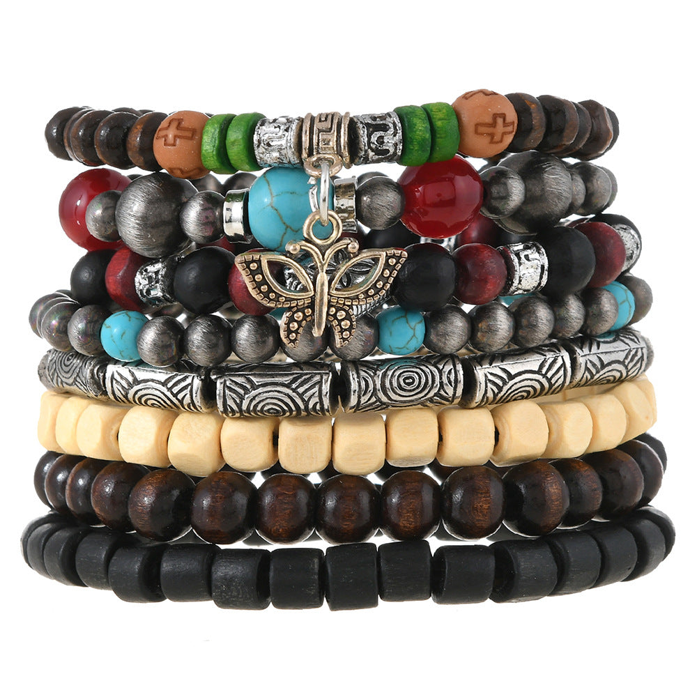 Wholesale Wooden 8-piece set turquoise beaded bracelet