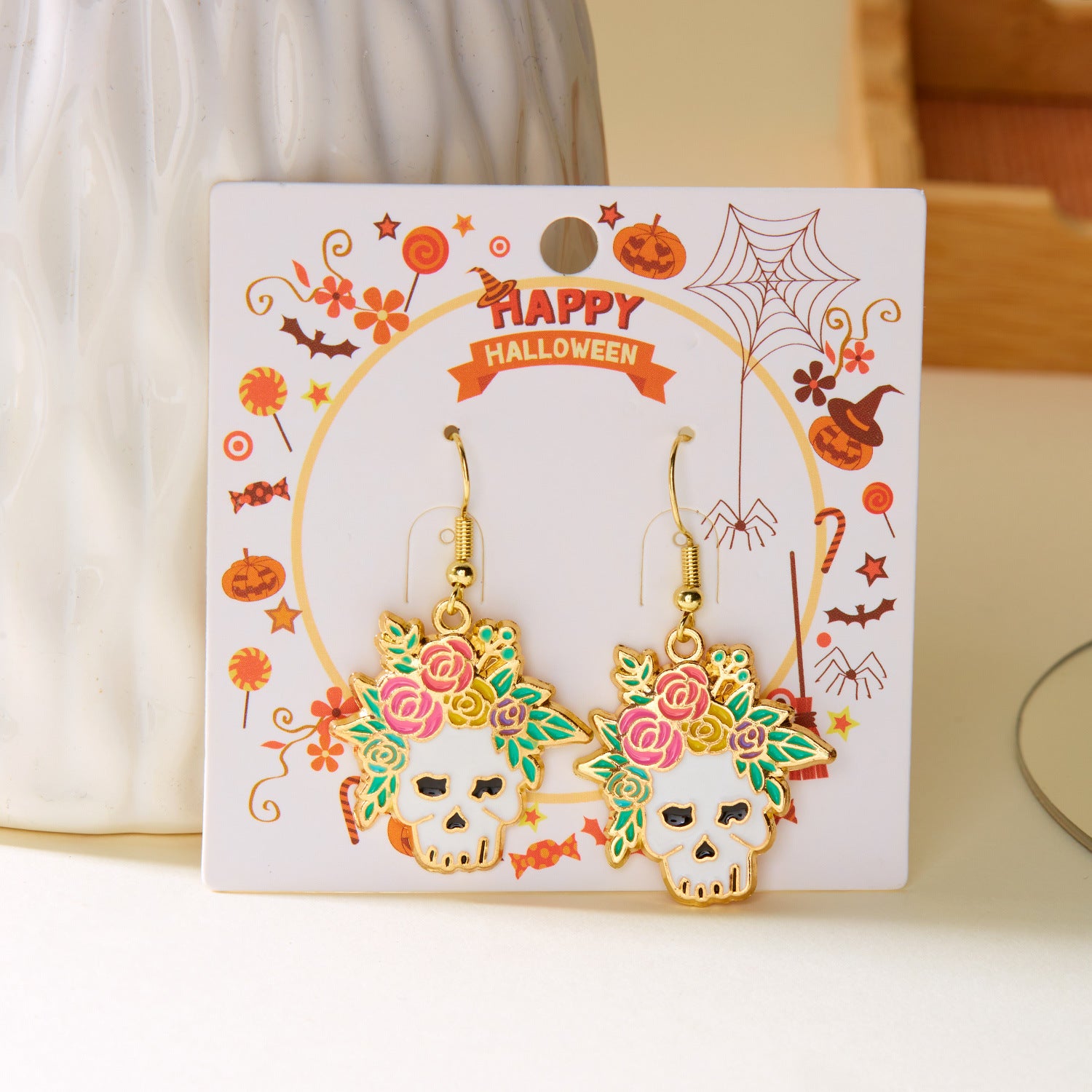 Wholesale  Halloween earrings fashion creative  painting oil flowers skull ear hook earrings