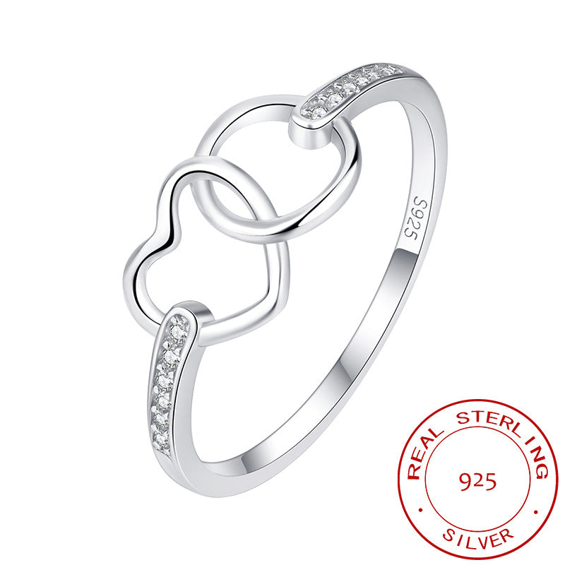 Wholesale s925 sterling silver Diamond-embedded double heart hollow ring