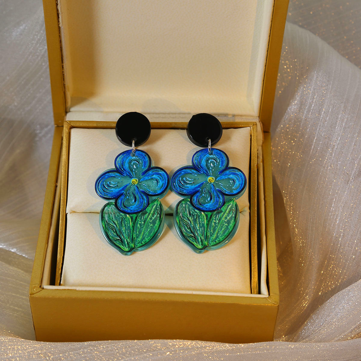 Wholesale Oil Painting Blue Flower Earrings