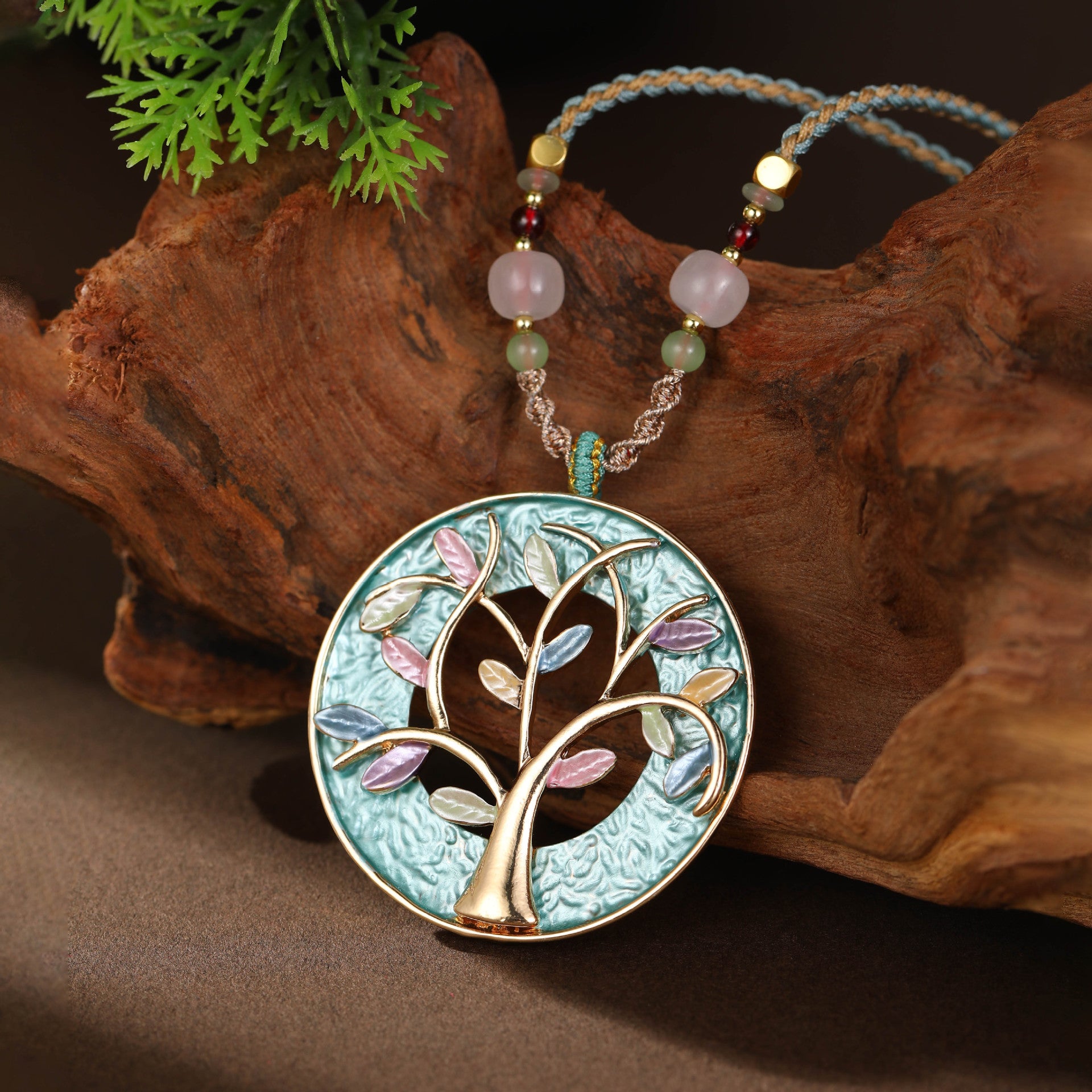 Wholesale  Color Painting Oil Hollow Life Tree Woven Rope Long Pendant Necklace