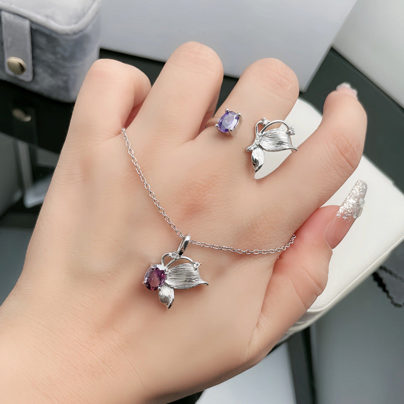 Wholesale Purple Diamond Butterfly Brushed Irregular  Ring Necklace