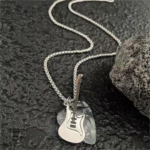 Wholesale Punk Rock Guitar Necklace Pendant Titanium Steel Light Engraved Unisex Jewelry Accessory Gift