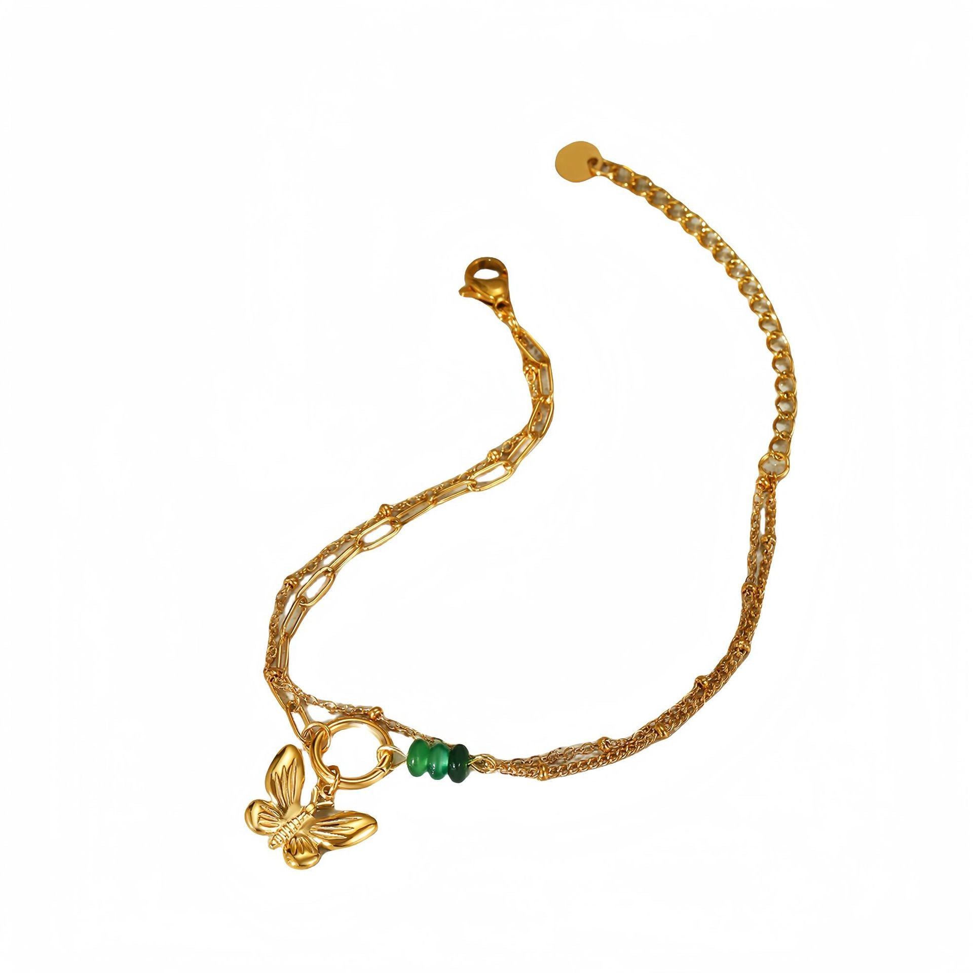 Wholesale  Natural Stone Green Beaded Butterfly Stainless Steel Bracelet