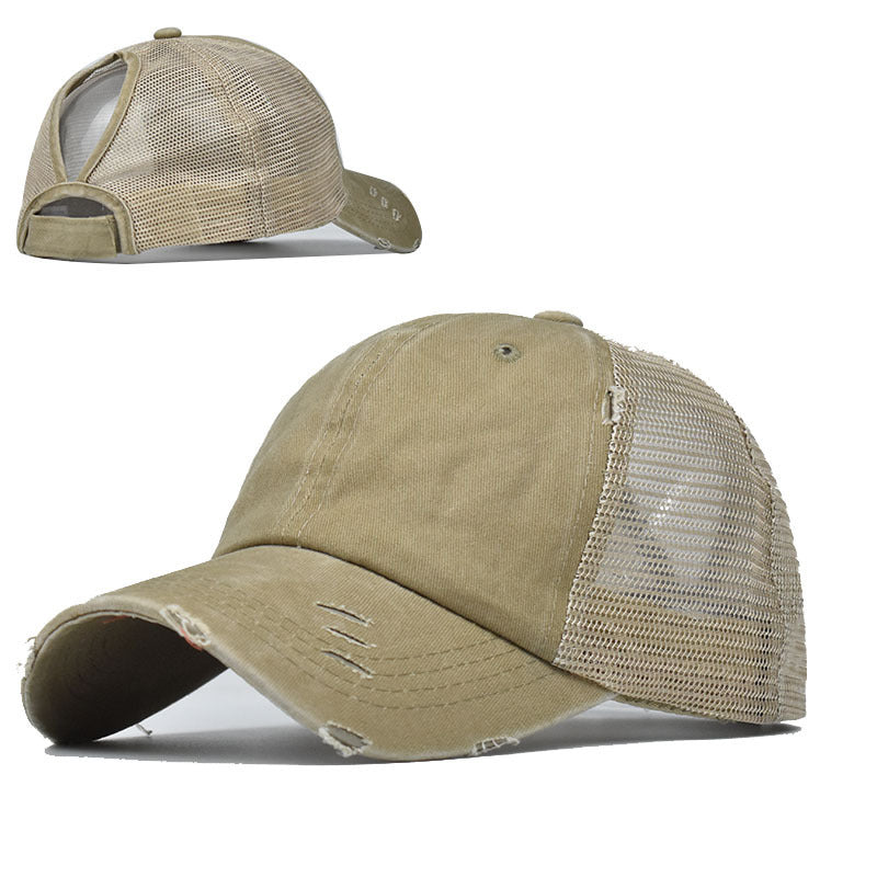 Wholesale Fashion Distressed Ponytail Baseball Cap For Women Curved Brim Adjustable Mesh Sun Hat Outdoor