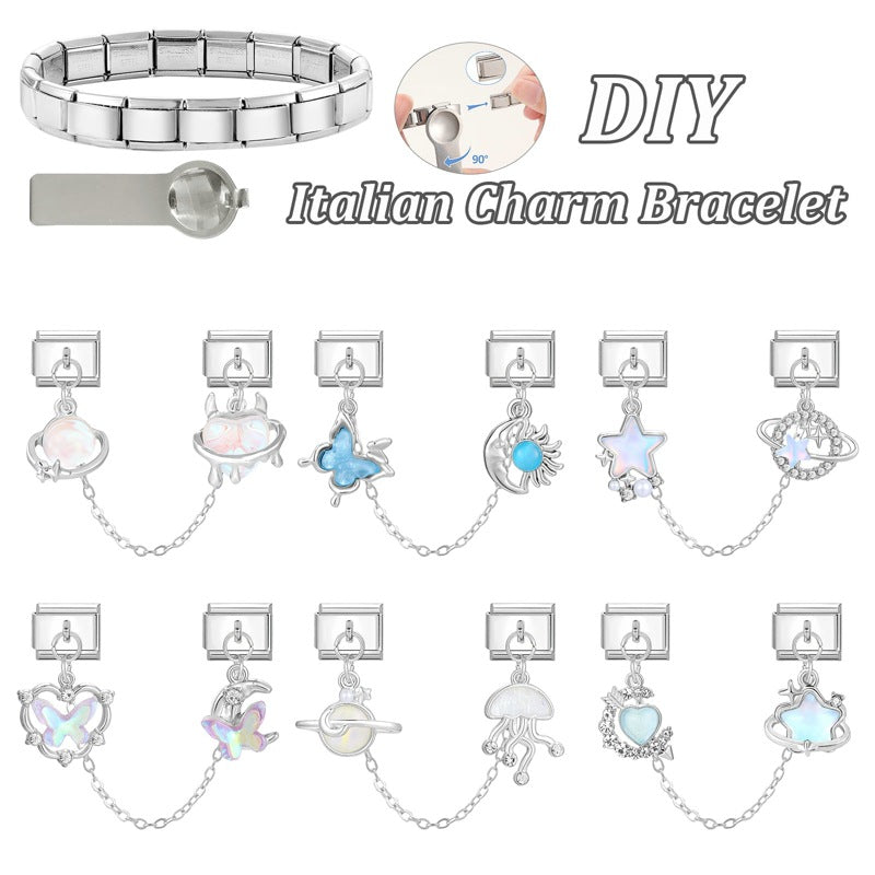 Wholesale 9mm Italian Charm Starter Bracelets DIY square double-pendant Creative Stainless Steel Composable Bracelet