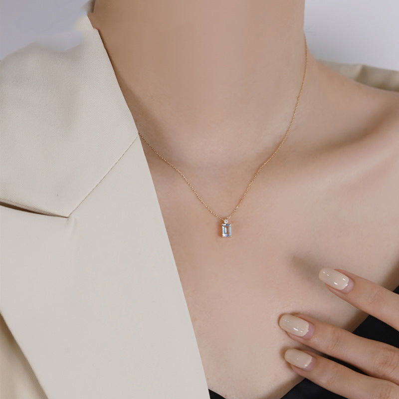 Wholesale 925 Sterling Silver Plated 18k Gold Square Aquamarine Collarbone Necklaces