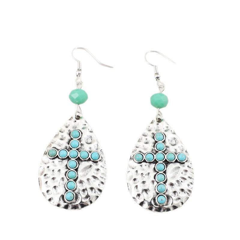 Wholesale Bohemian Drop-Shaped Hammered Earrings with Synthetic Turquoise Cross,  Zinc Alloy Electroplated - Trendy Jewelry Accessory