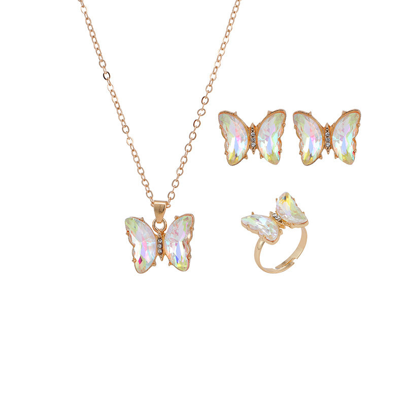Wholesale Colorful Inlaid 3-piece Earrings Necklace Ring Butterfly Diamond Necklace ACC-RS-YunJin003