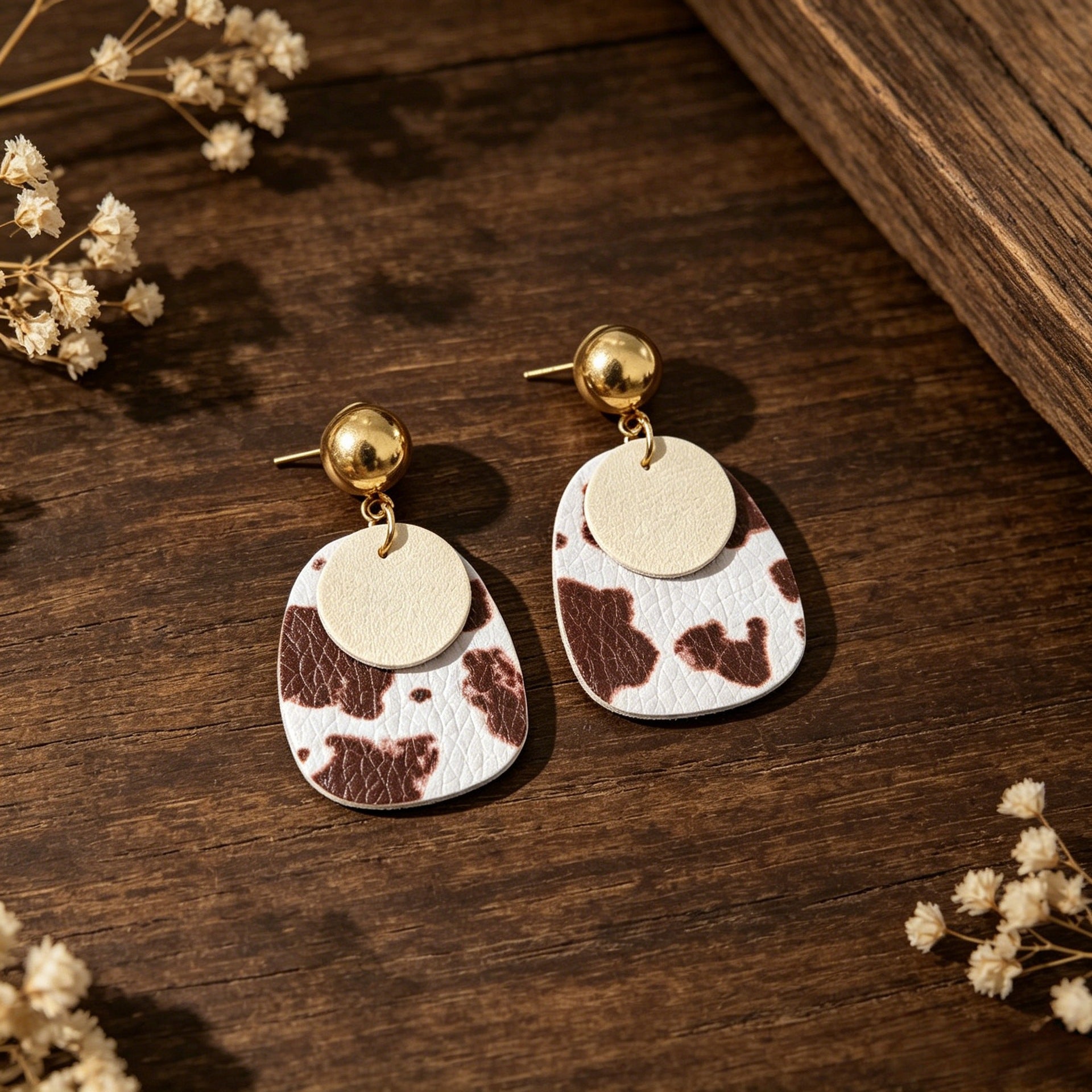 Wholesale American Western Cow Pattern Leather Earrings,   Double-Layered,  Boutique Fashion Accessory