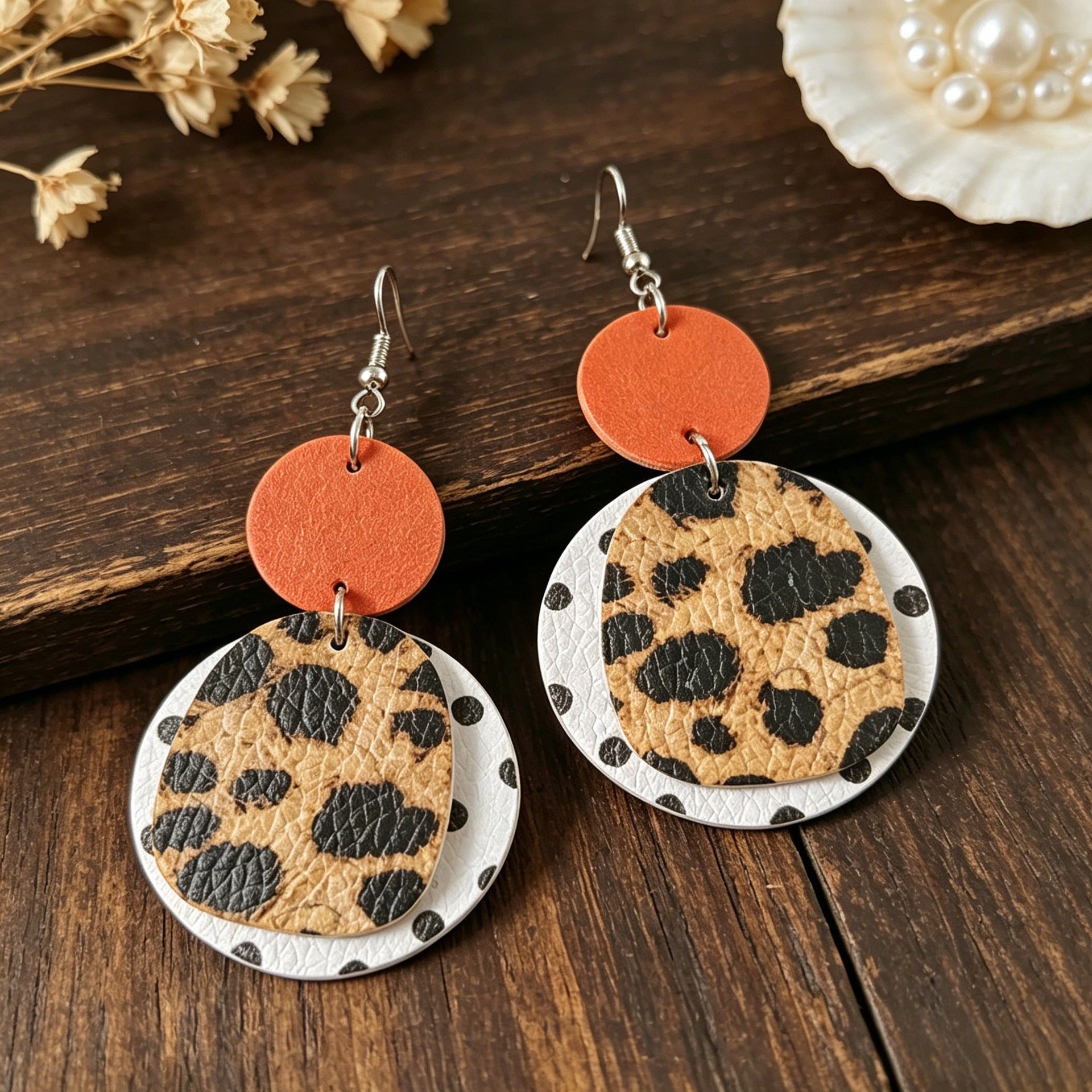 Wholesale Orange Polka Dot Leopard Print Leather Earrings Retro Style Jewelry Accessory