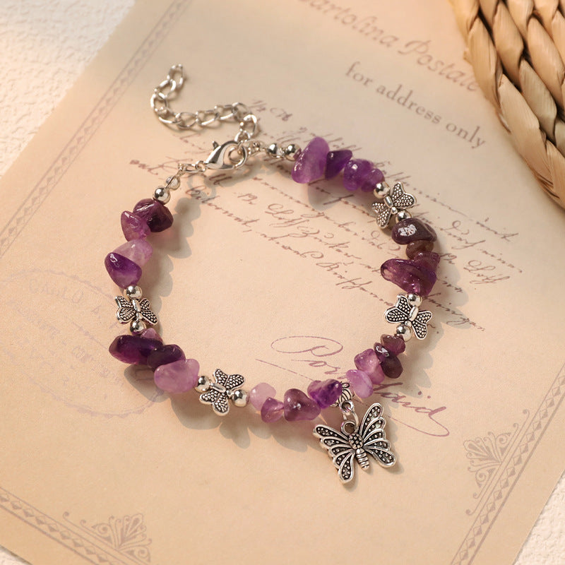 Wholesale Vintage Ethnic Mori Bracelet Niche Design Artistic Silver Amethyst Butterfly Bracelet Women' s New Chinese Accessories