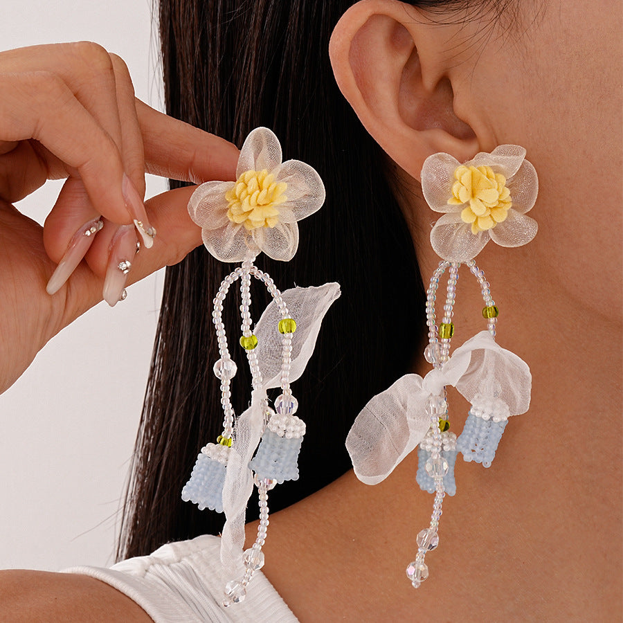 Wholesale  Lace Flower Glaze Rice Beads Tassel Silver Pin Earrings