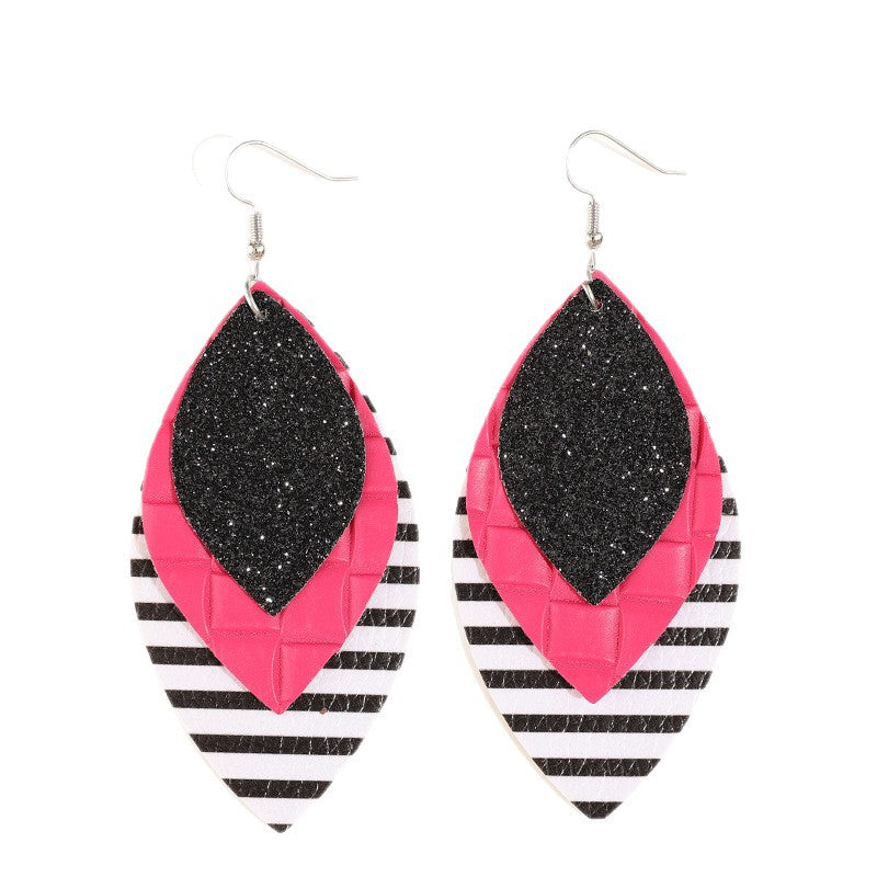 Wholesale Retro Leaf-Shaped Leather Earrings with Glitter and Stripes,  Everyday Wear Fashion Accessory