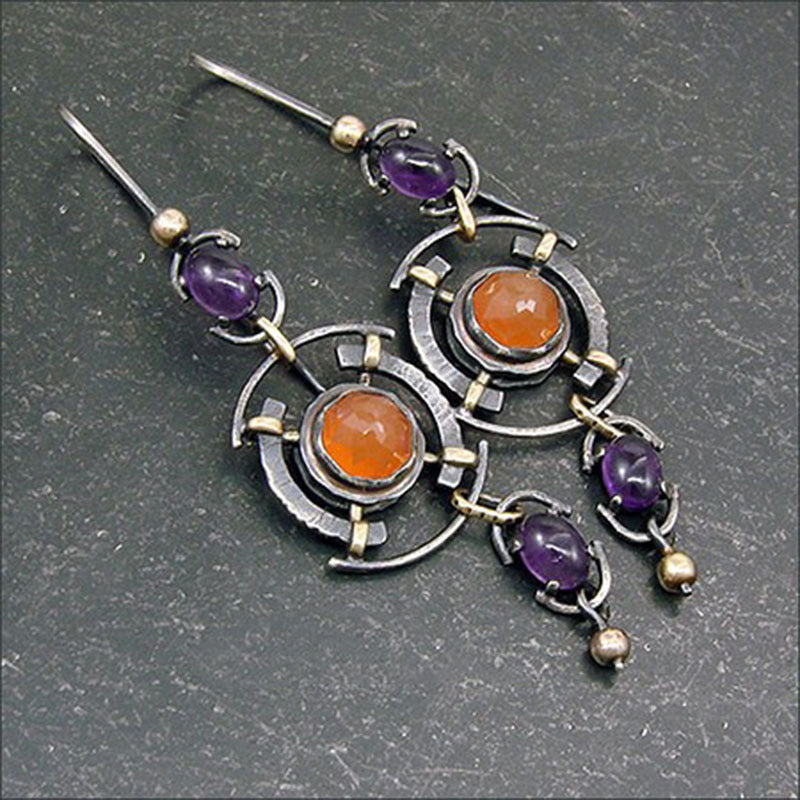 Wholesale Retro fashion orange dark purple gem geometric pendant earrings