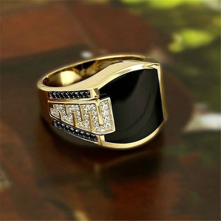 Wholesale Gold Wide Face Black Diamond Men' s Ring