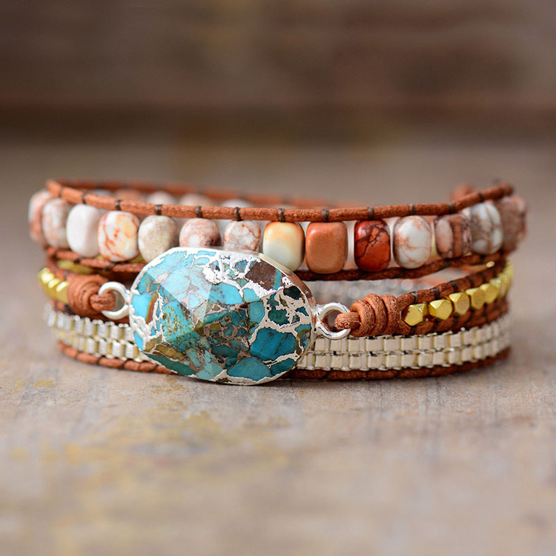 Wholesale Bohemian Style Emperor Stone Cut Angle Turquoise Hand-woven Triple Wrap Leather Cord Bracelets ACC-BT-LZ010