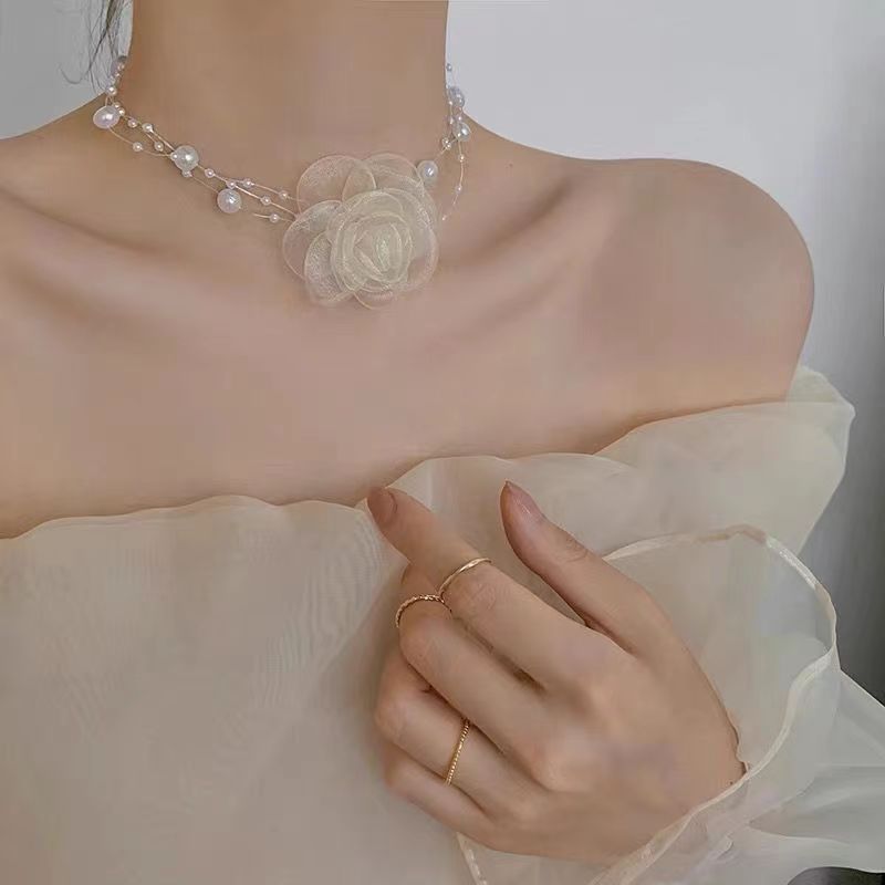 Wholesale Handmade Fabric Flower Choker Necklace With Wax Rope Trendy Jewelry Accessory For Women Gift