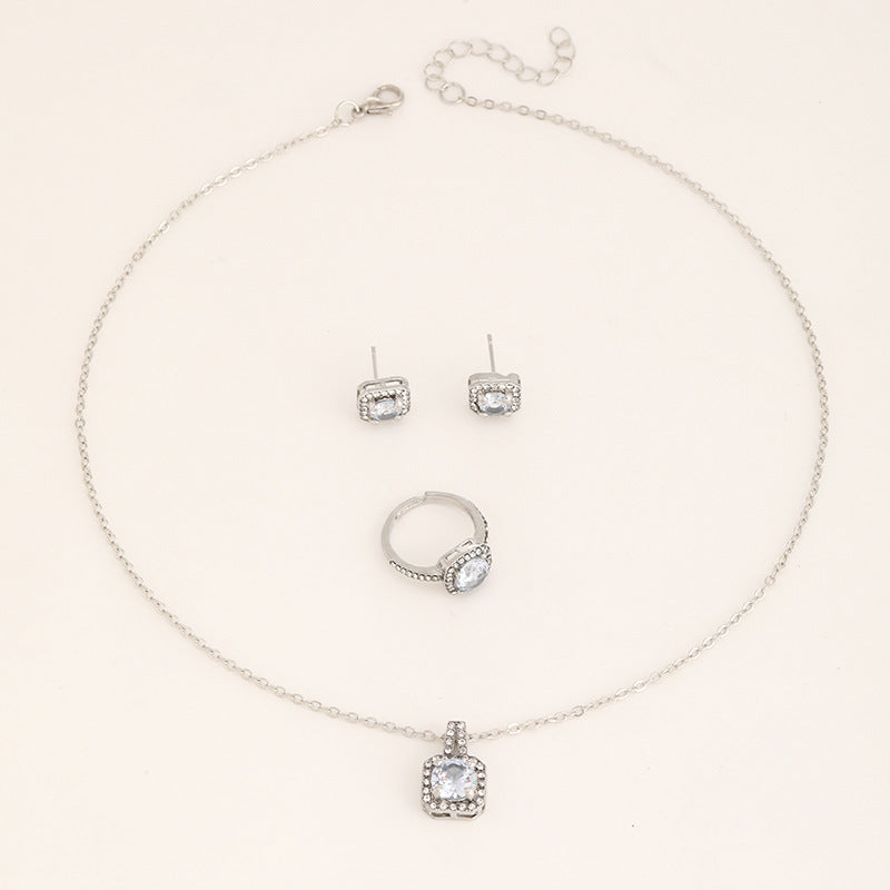Wholesale Square Diamond Zircon Necklace Earrings Ring Three-piece Sets ACC-NE-ChaoKai013