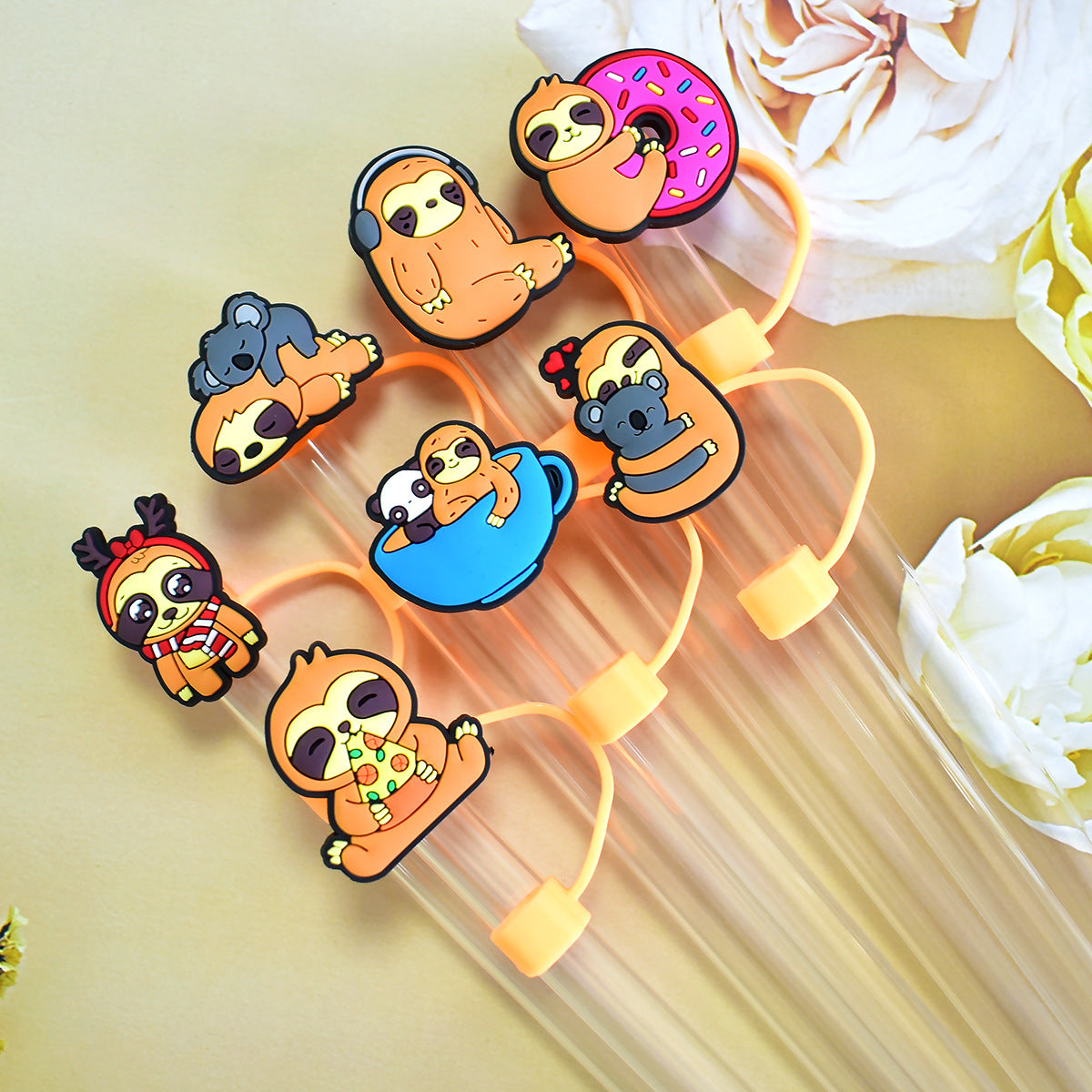 Wholesale Random 100pcs Cartoon Sloth Straw Tube Cap 10mm Soft Glue Straw Decoration Straw Cover ACC-SCR-RYY047