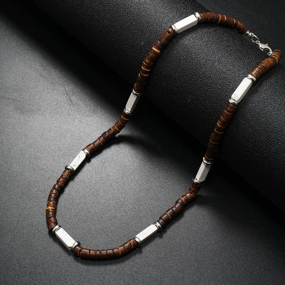 Wholesale Vintage Bohemian Summer Brown nut Shell Wood Bead Natural Stone Necklace for Men