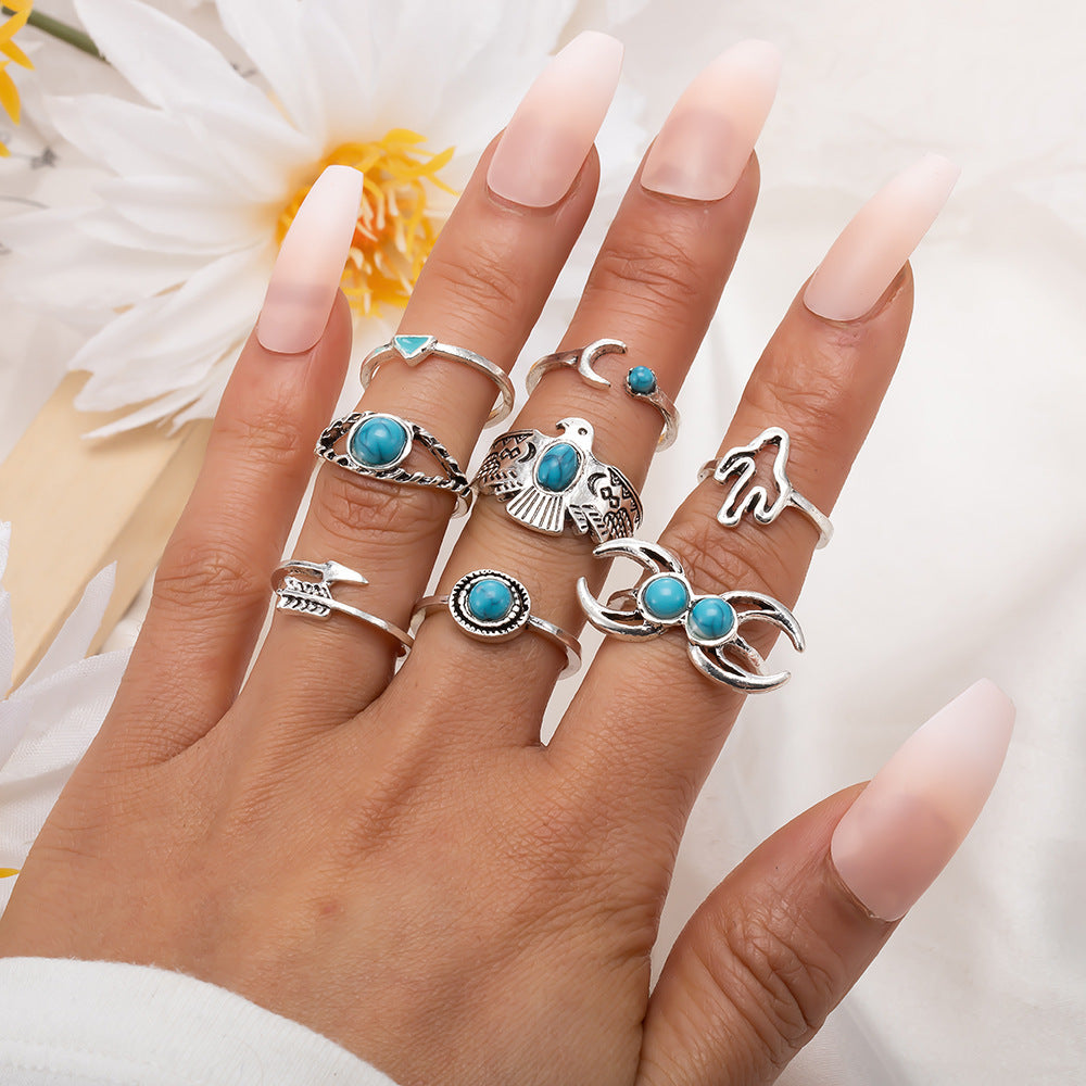 Wholesale Vintage Turquoise Eagle Cactus Moon Arrow 8-Piece Ring Set