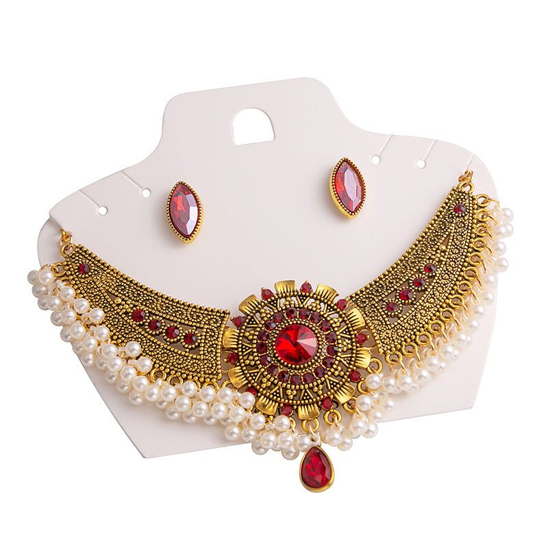 Wholesale  Metal  Necklace Earrings suit New Bohemian Ethnic Style Round Diamond Pearl Stud Earrings