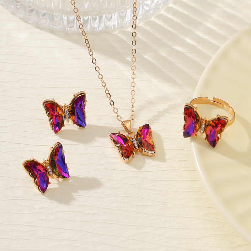 Wholesale Colorful Inlaid 3-piece Earrings Necklace Ring Butterfly Diamond Necklace ACC-RS-YunJin003