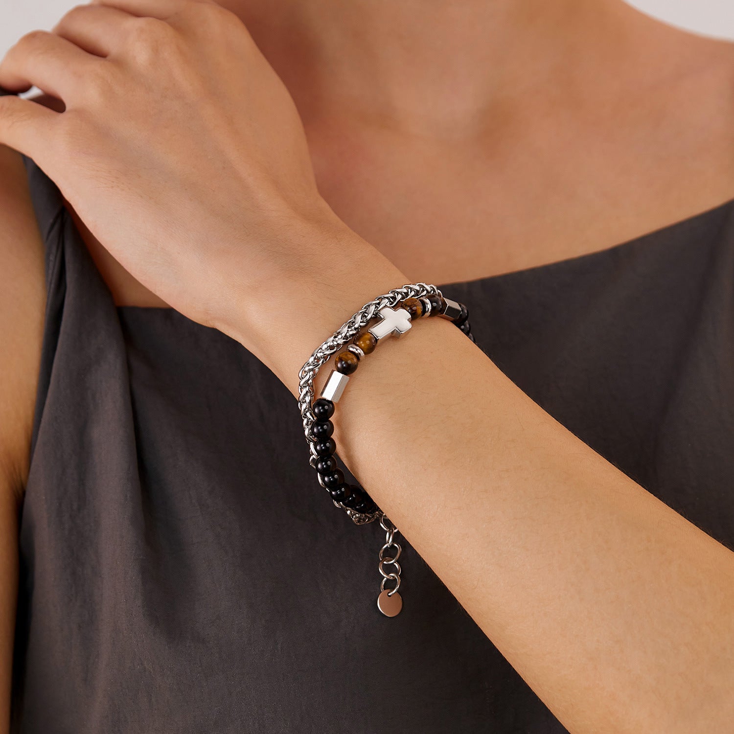 Wholesale Stainless Steel Bracelet Personalized Hip Hop Trendy Cross Double Layer Stacked Tiger Eye Bracelet