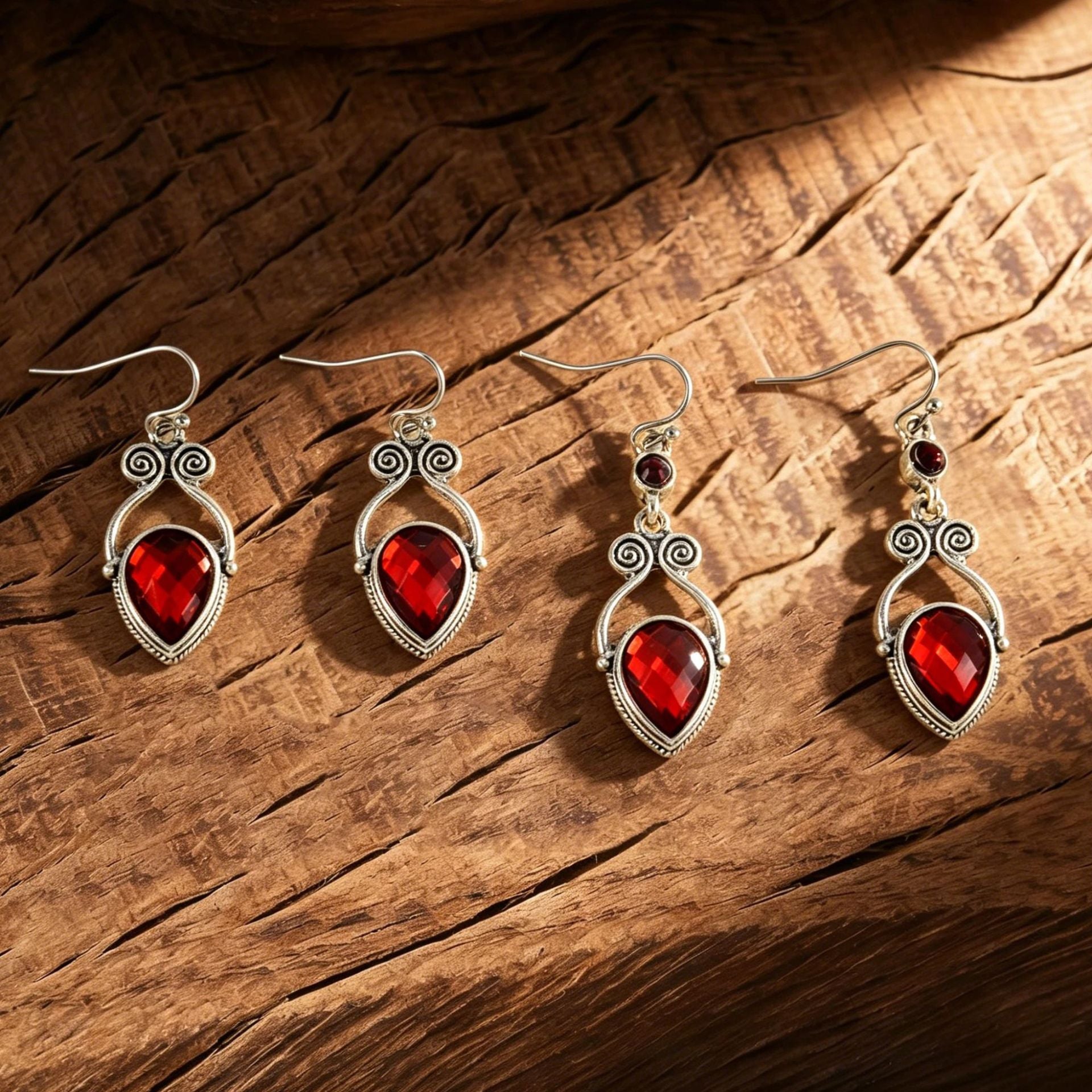 Wholesale Retro Ruby Red Drop Pendant Earrings Zinc Alloy Geometric Design Chic Jewelry Accessory For Party And Gift