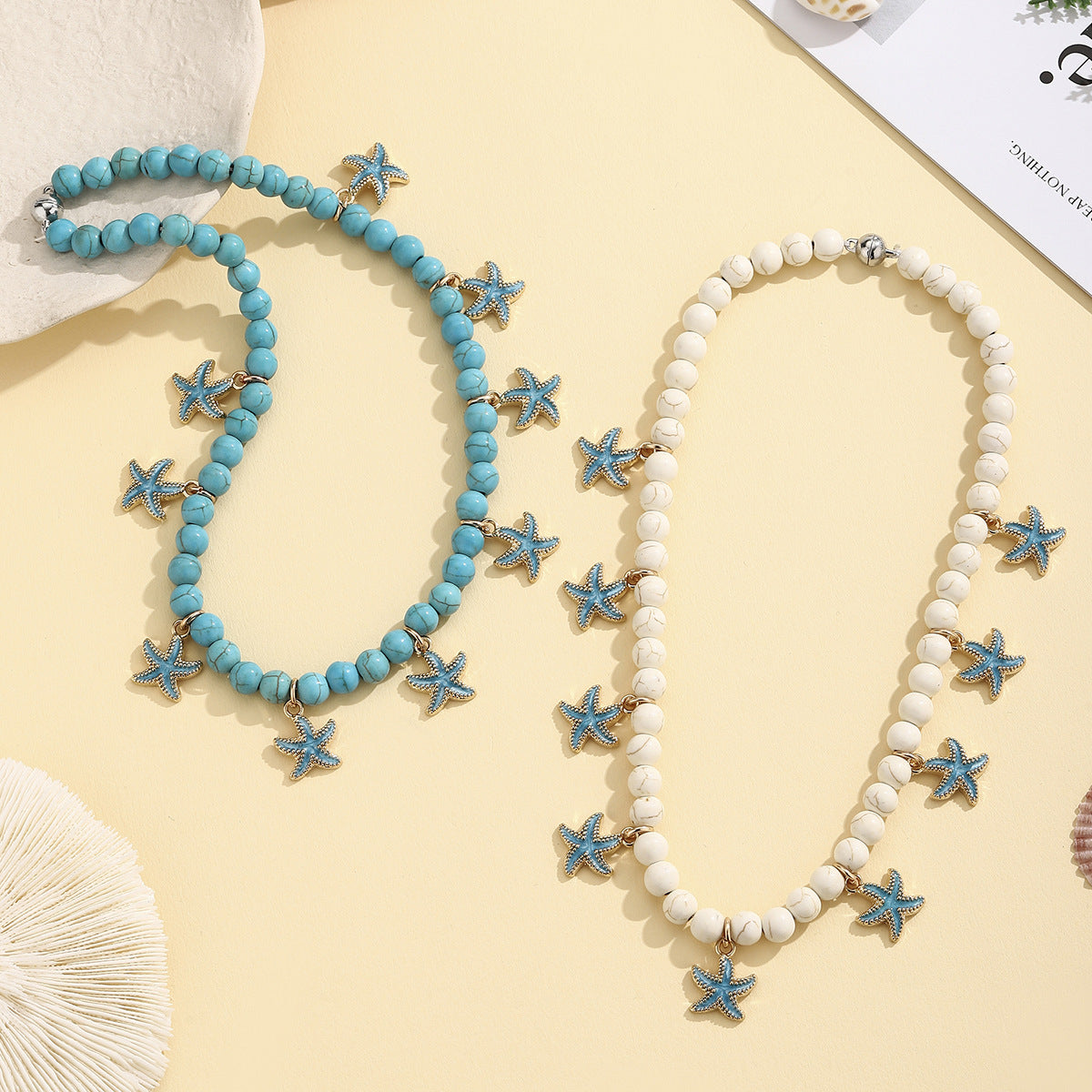 Wholesale Alloy Starfish Pendant Turquoise Magnetic Necklace Beach Style Collarbone Jewelry For Women