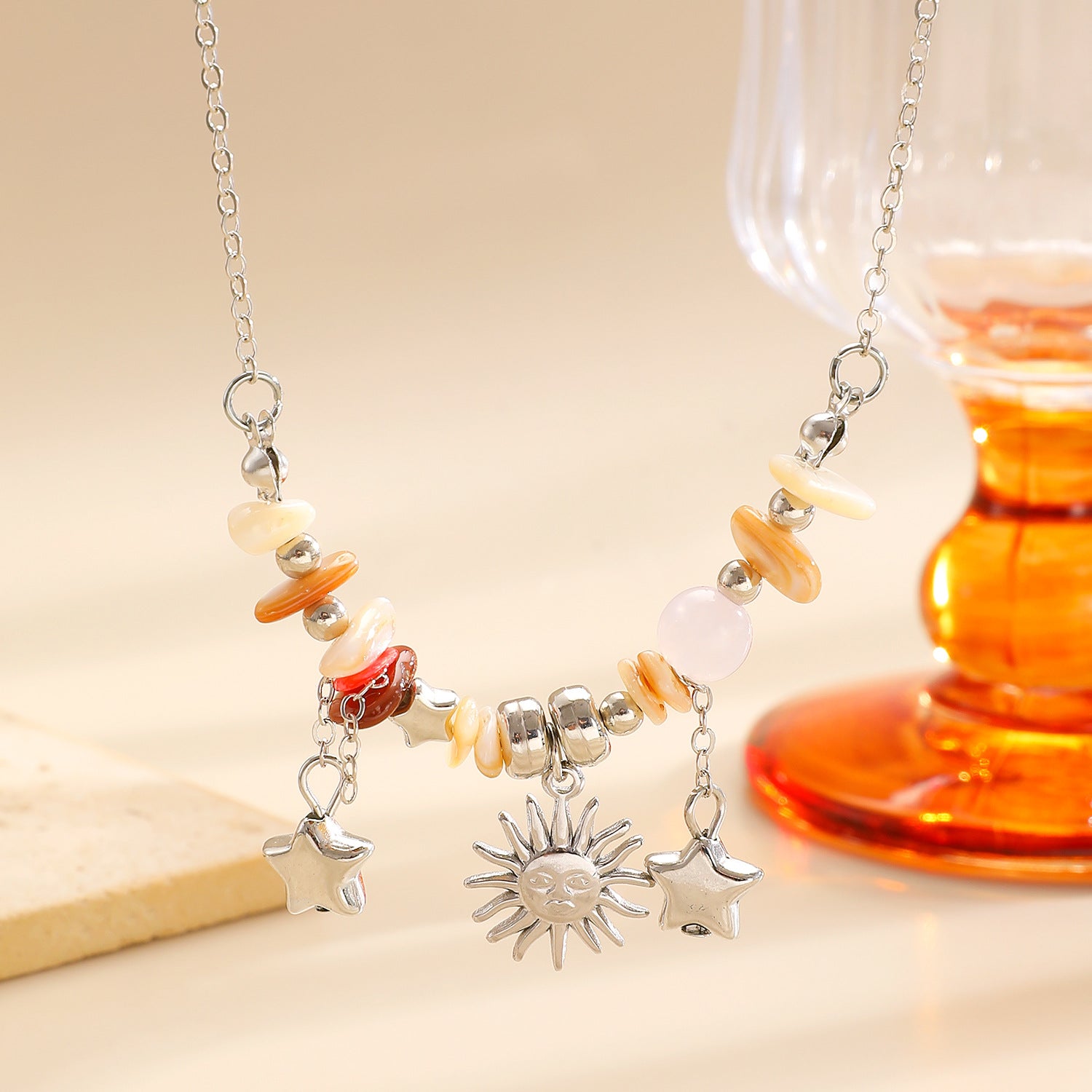 Wholesale Zinc alloy pebble beaded star moon and sun pendant necklace