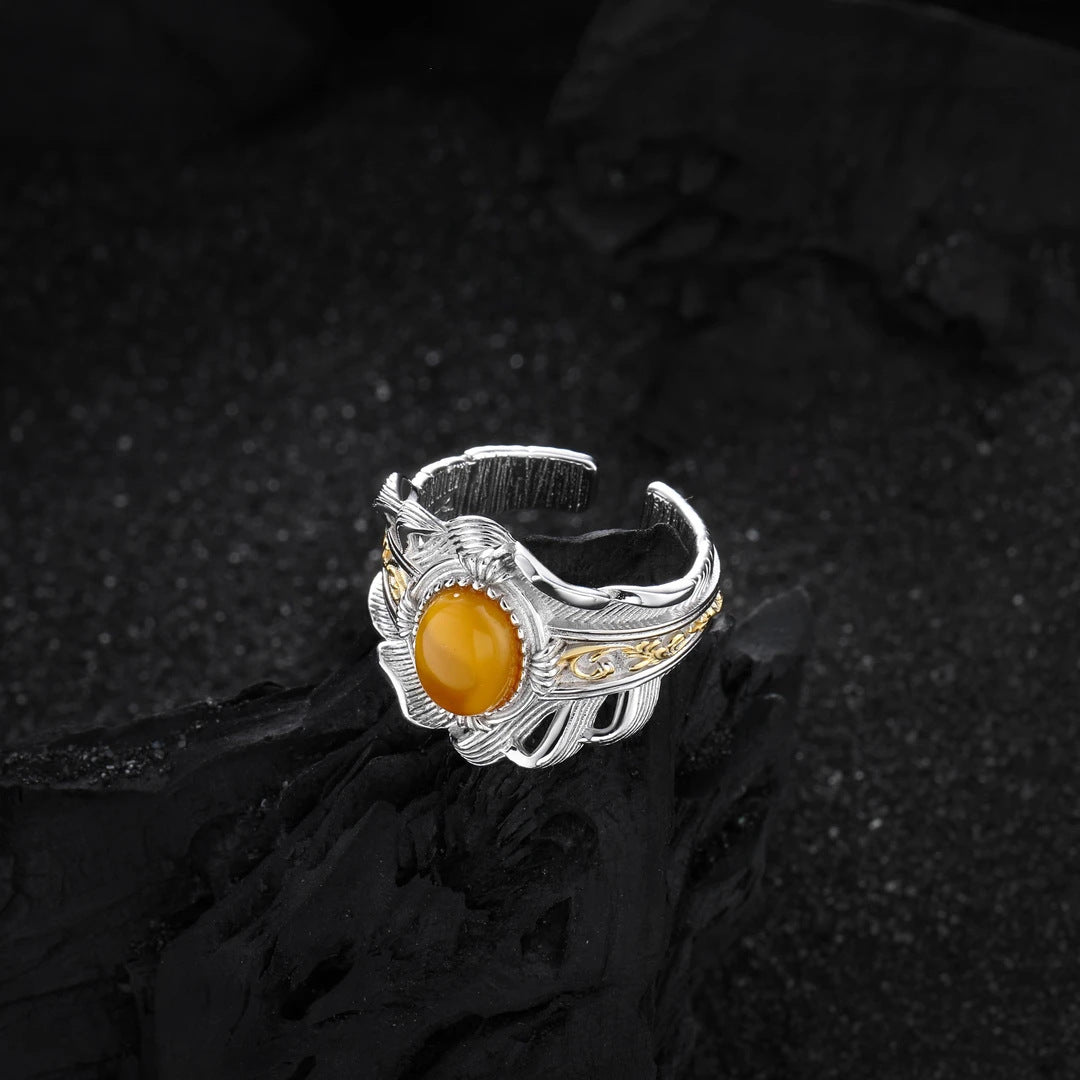 Wholesale Vintage Feather Leaf Eagle Feather Iris Dot Inlaid Cabochon Ring