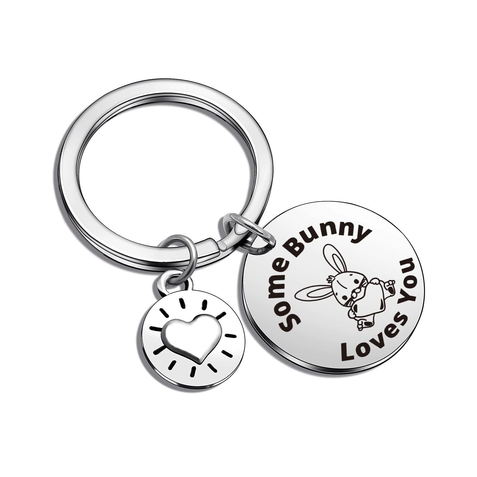 Wholesale European Style Easter Stainless Steel Keychain Silver Round Plate Rabbit Heart Laser Engraved Gift Accessory
