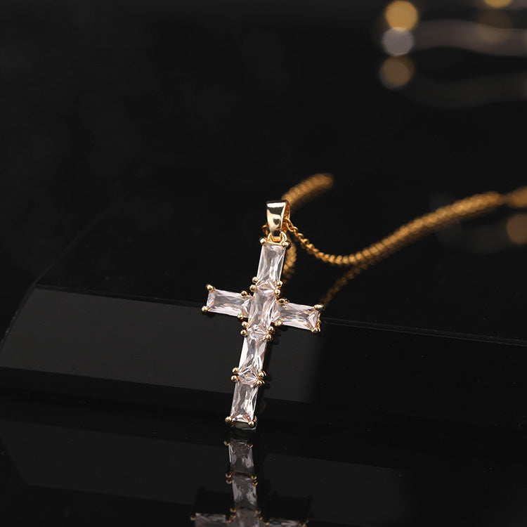 Wholesale Copper Electroplated Colorful Zircon Cross Pendant Necklace Stylish Hip Hop Fashion Jewelry Accessory Trendy Gift For Everyday Wear