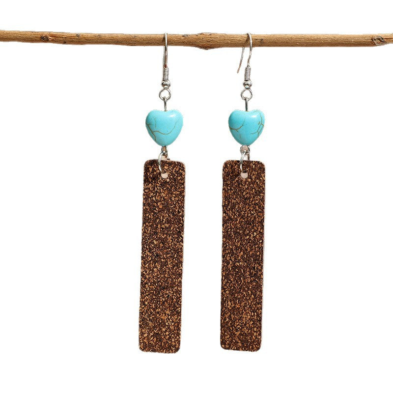 Wholesale Natural Cork Turquoise Long Pendant Western Cowboy Earrings